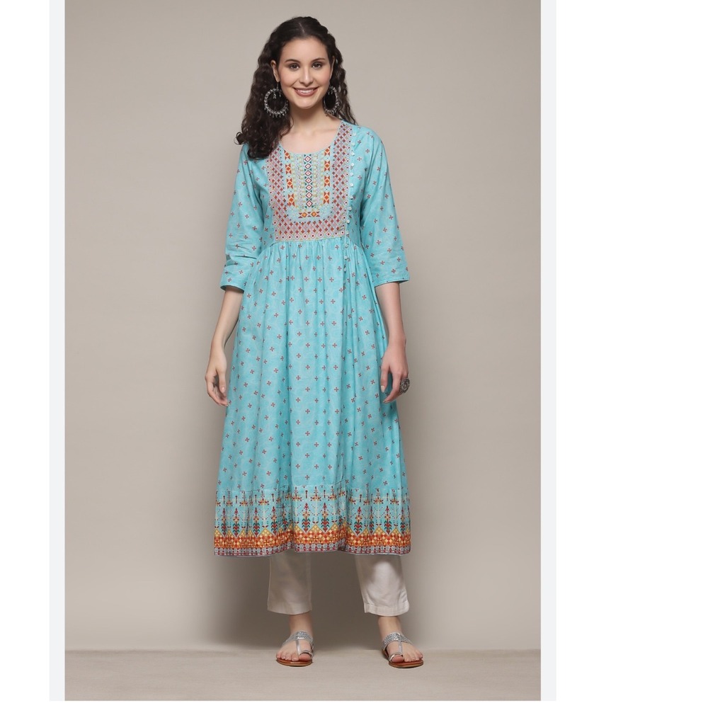 Biba‎ Womens Turquoise Cotton Embroidered Anarkali Kurta Paisley Print Size 40